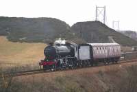 61994 The Great Marquess coasts downhill off Jamestown viaduct on 5 April with a Crewe - Thornton movement.<br>
<br><br>[Bill Roberton 05/04/2010]