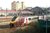 A CrossCountry service pulls out of York on 25 March and heads north on the ECML .<br><br>[John Furnevel 25/03/2010]