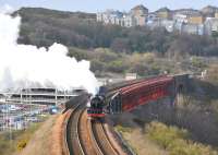 No 6201 <I>Princess Elizabeth</I>, with support coach in tow, comes off Jamestown Viaduct on the climb from Inverkeithing to North Queensferry on Tuesday 13 April 2010.<br>
<br><br>[Andy Carr 13/04/2010]