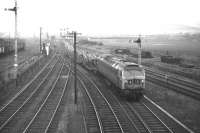 Class 47 no 1107 takes the direct route from Niddrie West to the ECML via Wanton Walls and Monktonhall Junctions on 4 February 1970. The train is the 1358 Bathgate Upper to Ripple Lane empty Cartic 4s.<br><br>[Bill Jamieson 04/02/1970]