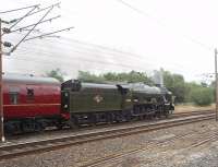 <I>All apparently forgiven</I>. On the anniversary of the end of BR steam <I>Fifteen Guinea Special</I> Royal Scot no 46115 <I>Scots Guardsman</I> is entrusted with the third <I>Fellsman</I> special train and leaves Lancaster hauling 12 coaches up the 1:92 gradient, without diesel insurance. The previous tours had featured 45690 and 48151 so there is certainly variety for the 2010 programme and its good to see the Scot working well again after recent mishaps. <br><br>[Mark Bartlett 11/08/2010]