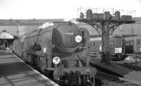 Bulleid <I>Merchant Navy</I> Pacific no 35008 <I>Orient Line</I> stands ready to take a train out of Waterloo station in the sixties. The locomotive was finally withdrawn by BR in 1967 and cut up at Buttigieg's, Newport, the following year. <br><br>[K A Gray //]