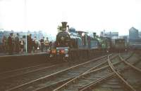 CR 123 + GNSR no 49 at Partick Central on 19 September 1959 with a special in connection with the Scottish Industries Exhibition. The covered stairway and station buildings on Benalder Street can be seen above the first coach. The 1896 station had been renamed Kelvin Hall in June that year due to its proximity to the focal point of the exhibition, a name it retained until closure five years later. [Editor's note: The location on Railscot is shown as Partick Central throughout].  <br><br>[A Snapper (Courtesy Bruce McCartney) 19/09/1959]