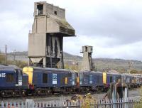 Part of a row of three class 37s and six class 20s, stored for DRS at Carnforth MPD on 21 October, with the old coal and ash towers dominating the scene.<br>
<br><br>[Bill Roberton 21/10/2010]