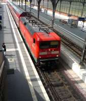 DB 112-153 from Hamburg approaching Lubeck's platform 7 on the late morning of 26 July 2010.<br><br>[John Steven 26/07/2010]