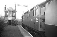 D5331 with the final Moray Coast train from Elgin to Aberdeen waits to cross its westbound equivalent at Tillynaught Jct on 4 May 1968.<br><br>[David Spaven 04/05/1968]