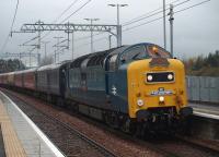 55022 <I>Royal Scots Grey</I> running over an hour late with<br>
<I>The West Lothian Pioneer</i>, passes slowly through Uphall on an overcast 6 November 2010 in the wake of the ScotRail 1254 ex-Bathgate service.<br>
<br>
<br><br>[Brian Forbes 06/11/2010]