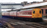 One of the refurbished ex-Great Eastern line 'stop- gap' units no 307130, in West Yorkshire Metro livery, stands at Wakefield Westgate station on 16 September 1990 with a service to Leeds. [See image 32034]<br><br>[David Pesterfield 16/09/1990]