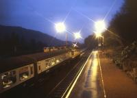 An evening train calls at Dunkeld on its way south in October 1989.<br><br>[Ian Dinmore /10/1989]