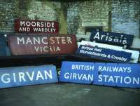 Fine array of old railway signs for sale in 1982 at Collectors' Corner near Euston station.<br><br>[David Spaven //1982]