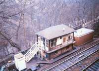 View over New Mills Central signal box in March 1986.<br><br>[Ian Dinmore /03/1986]
