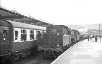 BR Standard class 4s 75019+75027 run back along platform 3 at Skipton having been relieved by Black 5s 45073+45156 on the <I>Farewell to BR Steam</I> special on 28 July 1968. [See image 27896] <br><br>[K A Gray 28/07/1968]