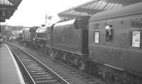 Black 5s 45073+45156 at Skipton on 28 July 1968 with the MRTS/SVRS <i>Farewell to BR Steam</I> about to leave on the next leg to Rose Grove. The pair had taken over from 75019+75027 who had brought in the special from Carnforth via Hellifield.   <br><br>[K A Gray 28/07/1968]
