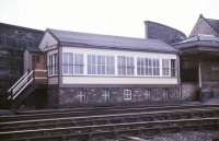 View across the running lines in July 1986 to Workington Main No 3 signal box.<br><br>[Ian Dinmore /07/1986]