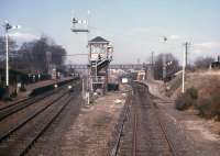 A fine array of semaphore signals glimpsed at Dyce station, looking back from the brake van of the daily Fraserburgh-Aberdeen goods on 27th March 1973.<br><br>[David Spaven 27/03/1973]