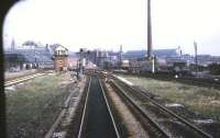 The view from the front of an eastbound DMU approaching Ordsall <br>
Junction, Manchester, on 19 May 1970. On the left are Granada Studios and Ordsall Junction signal box, while over on the right is the roof of Manchester Central station.<br>
<br><br>[John McIntyre 19/05/1970]