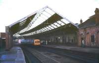 The 1879 NER station at South Shields  seen in 1974 with a DMU from Newcastle Central standing at the platform. The old station is long gone, with Tyne & Wear Metro services now using a modern replacement opened in 1984 a short distance to the west. [See image 6172]<br><br>[Ian Dinmore //1974]
