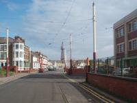 The little used but at one time essential emergency access route to Blackpool (Rigby Rd) Tram Depot. This is the view north along Blundell Street at the end of which the line turns left along Princess Street to access the promenade. This link would be used if something was blocking the main depot access route along Lytham Road. The building on the right is the Blackpool Transport Services main office and the depot itself is behind the camera. The emergency link was disconnected at the Promenade end in April 2013 [See image 42845] as the depot now houses only heritage vehicles.  <br><br>[Mark Bartlett 11/05/2011]