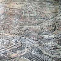 This is from an engraving of Bristol dated 1887.<br /><br>
<br>
Just below left of centre is Temple Meads station. Curving down then left is the B&E line to Taunton; running right is the GWR line to Bath. The triangular junction centre right is the southern end of Filton bank with the line running up to the top left. The line to St Mary Redcliffe and the docks runs left from Temple Meads just behind Brunel's original train shed.<br /><br>
<br>
Across the top of the picture is the Midland line to Avonmouth (I am told one of the viaducts has the wrong number of arches!), Starting just west of the triangle then running up and right is the Midland line to Gloucester.<br /><br>
<br>
The Midland lines are both gone, now, but a connection from Lawrence Hill remains to a smaller yard. The line to the docks has also gone but built since 1887 is the avoiding line which crosses the river on the lower right. Temple Meads station itself has grown considerably, taking over much of the adjacent square site of the old cattle market.<br><br>[John Thorn //1887]