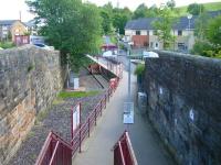 Access to the 1990 terminus at Paisley Canal from Causeyside Street road bridge. The former through route ran below the camera to the G&SW station on the west side of the bridge [see image 34728].<br><br>[Veronica Clibbery 01/07/2011]