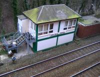 The refurbished signal box at New Mills Central on 27 January 2008. To the left is New Mills Junction and the line to the east of the <br>
Pennines. To the right is New Mills Central Station and the line towards Manchester.<br>
<br><br>[John McIntyre 27/01/2008]