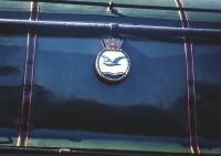 The crest carried on the boiler casing of A4 Pacific <I>Merlin</I>, latterly no 60027, photographed at Haymarket shed on 4 July 1959. The crest was presented by the Royal Naval Air Station at Donibristle, Fife (then named <I>HMS Merlin</I>) during a ceremony at the base in 1946 [see image 32608].<br>
<br><br>[A Snapper (Courtesy Bruce McCartney) 04/07/1959]