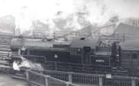 Fairburn 2-6-4T no 42073 seen from the Castle Keep, shortly after leaving Newcastle Central, as it takes a train onto the High Level Bridge. The photograph is thought to date from the late 1950s.<br>
<br><br>[John Alexander //]