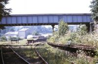 View west showing platforms and sidings at Cameron Bridge in July 1991. Looking towards the distillery, with C02 tanks and other rail traffic visible in the background.<br><br>[Ian Dinmore /07/1991]