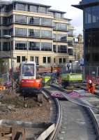 New tram rails being laid through Haymarket Yards on 20 September 2011. View north east towards Haymarket Terrace. [See image 29758]<br><br>[Bill Roberton 20/09/2011]