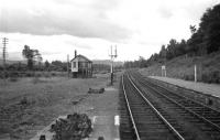Looking past the abandoned Boat of Garten West signal box in the Summer of 1966. The shiny line to the left carried the remaining daily Speyside goods over the extended 14 mile block section from Aviemore to Grantown-on-Spey (East) until final closure in late 1968.<br>
<br><br>[David Spaven //1966]