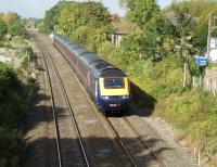 A First Great Western HST heads for Paddington at speed on 22 September. The train is pssing the site of Steventon station (closed 1964) to the west of Didcot.<br><br>[John McIntyre 22/09/2011]