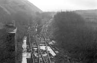 The branch line from Drumshoreland Junction at the former Pumpherston Oilworks in January 1978. Looking south east towards Camps Viaduct [see image 21914].<br><br>[Bill Roberton /01/1978]