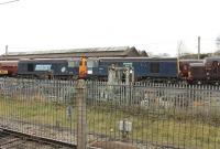 The last two stored Class 20s were towed away from Carnforth on 15 November 2011 to Barrow Hill. 20311 and 20314 were purchased by Harry Needle from DRS for further main line work. They were at Carnforth for many months and are pictured on the storage line there on 24 October 2011. Note the two different DRS blue liveries. 20314 and 20311 subsequently re-emerged from the workshops in HNRC orange livery [See image 48833]. <br><br>[Mark Bartlett 24/10/2011]