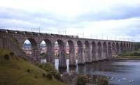 A southbound Class 60-hauled coal train on the Royal Border Bridge at Berwick in 1996.<br><br>[David Spaven //1996]