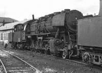 Withdrawn class 50 No 050 383 stands in the shed yard at Rottweil on 4 September 1974. The photograph shows how the removal of the chimney extension has given the locomotive a much more imposing appearance than usual [see image 36869]. <br><br>[Bill Jamieson 04/09/1974]