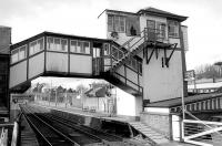 View west towards Dundee from Gray Street level crossing, Broughty Ferry, in March 1993. Note the door built into the covered footbridge providing access to the signal box stairway.<br><br>[Bill Roberton /03/1993]