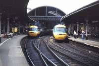 BR InterCity 125 services stand side-by-side at Newcastle Central in 1985.<br><br>[Ian Dinmore //1985]