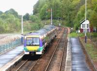 A southbound train leaves Dunkeld on an Inverness - Glasgow Queen Street service in May 2003 after a shower of rain.<br><br>[John Furnevel 29/05/2003]