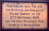 Commemorative plaque at Shildon. [See image 17282]<br><br>[John Thorn //1975]