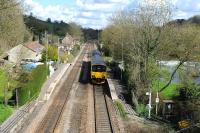 View over Avoncliff station on 12 April 2012 with 150106 about to leave for Great Malvern.<br><br>[Peter Todd 12/04/2012]