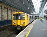 A Merseyrail electric prepares to leave Southport for Liverpool on 19 April 2012.<br><br>[Veronica Clibbery 19/04/2012]