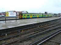 A DMU off the Wigan line runs into Southport on an overcast 19 April 2012. <br><br>[Veronica Clibbery 19/04/2012]