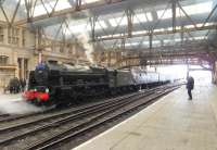 It was nice to see a steam engine standing in Perth station again.  46115 <I>Scots Guardsman</I> at the head of the southbound 'Great Britain V' on 24 April 2012. [See image 6823 for a similar scene nearly half a century earlier.]<br><br>[John Robin 24/04/2012]