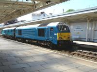 Arriva Trains Wales liveried 67003+DVT run east through Newport on 22 May 2012. <br><br>[David Pesterfield 22/05/2012]