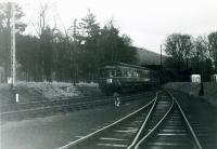 SLS Farewell to Peebles Tour 3rd February 1962<br><br>
4.5pm Galashiels to Edinburgh DMU (SC51127/56319) approaching Peebles and passing the Peebles Goods loop.<br><br>[Jim Currie (Courtesy Stephenson Locomotive Society) 03/02/1962]