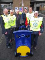 Photocall at Exhibition Centre on 22 February 2012 with (left to right) John Papworth and Bob Holmes of the Rotary Club of Charing Cross, John Yellowlees of ScotRail, Trevor Graham, Gordon Fairbrother and Cameron Shirra, all of Rotary, with 'Barry the Barrel' [see news item]. <br><br>[First ScotRail 22/02/2012]