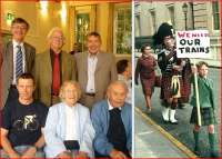 Some of the original Waverley Route campaigners reunited for the first time in over 40 years at the DS book launch on 23 August. Left to right standing are Andrew Boyd, Chris Harvie and Bruce McCartney, while seated  are Kim, Madge and Bob Elliot. The smaller picture shows Madge and Kim in Downing Street during the campaign itself.<br><br>[Bruce McCartney Collection 23/08/2012]