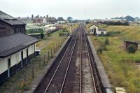 Middlewich station looking north from the A54 bridge in September 1972. It had closed to passengers in 1960 and to freight seven years later, although the line from Sandbach to Northwich, on which it was the only intermediate station of any significance, was still open to freight traffic, as it is today. <br><br>[Bill Jamieson 10/09/1972]