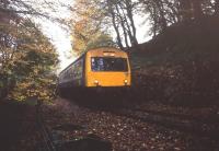 DMU in Calstock Church cutting on the Gunnislake branch in October 1992.<br><br>[Ian Dinmore /10/1992]