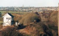 A long lost view across Crigglestone Junction down the then still intact and operational Horbury Branch, with the junction, signal box and cross-over all in situ. Scene in December 1987. [See image 46202] for a near identical view in April 1974.<br><br>[David Pesterfield 31/12/1987]